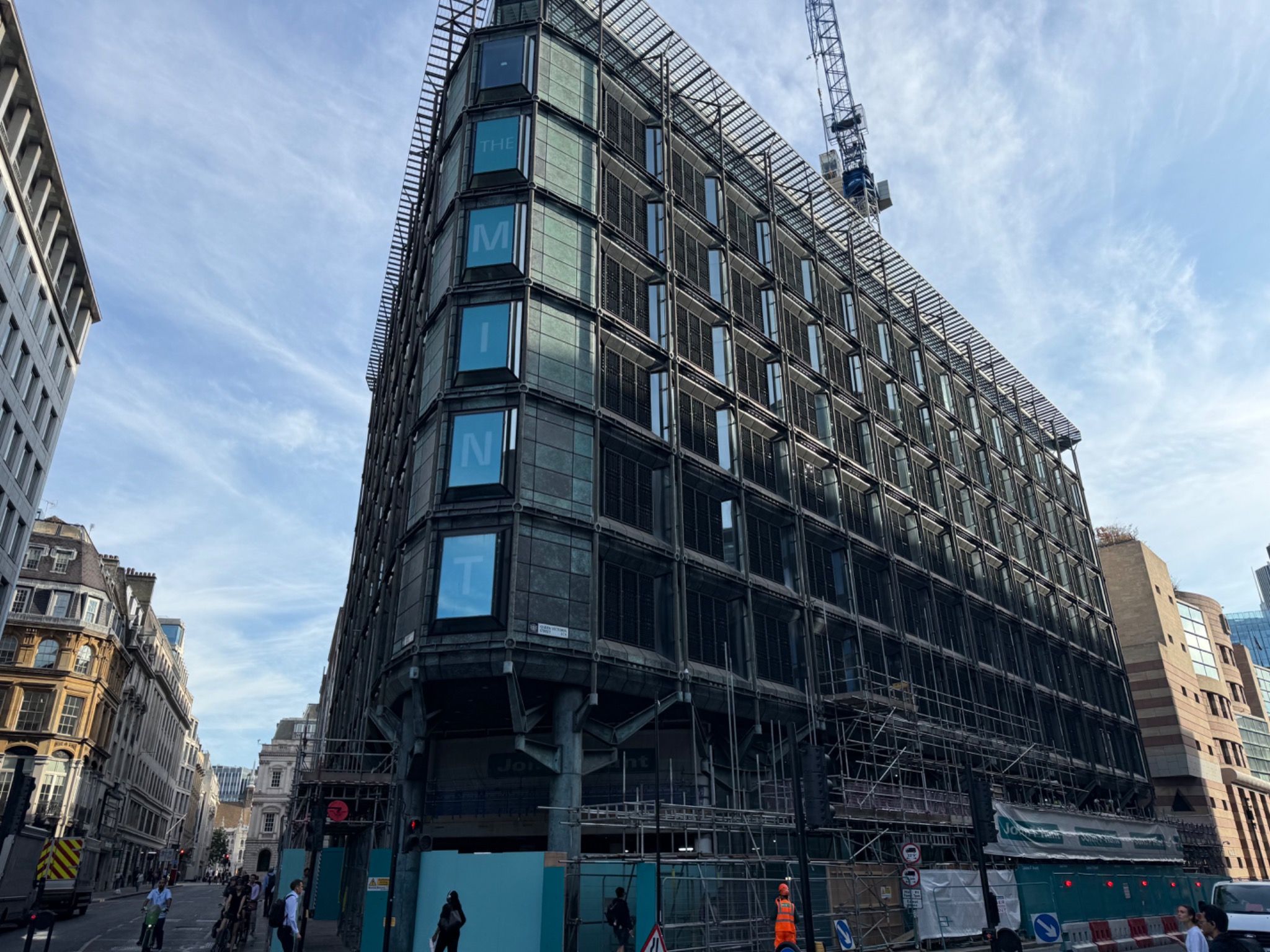 Commercial façade refurbishment with access scaffold in place